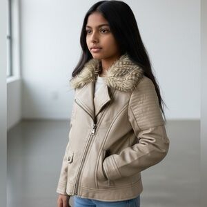 Jessica Simpson Tan Faux Leather Jacket with Fur Trim Girls Kidscore Medium/5-6
